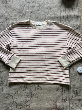 perfectwhitetee Cream Long-Sleeve Top with Red Stripes
